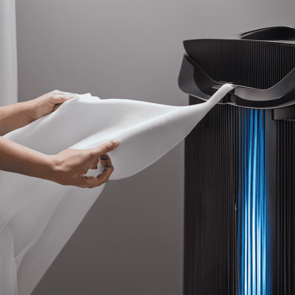An image showcasing a person delicately removing the blades from an air purifier tower