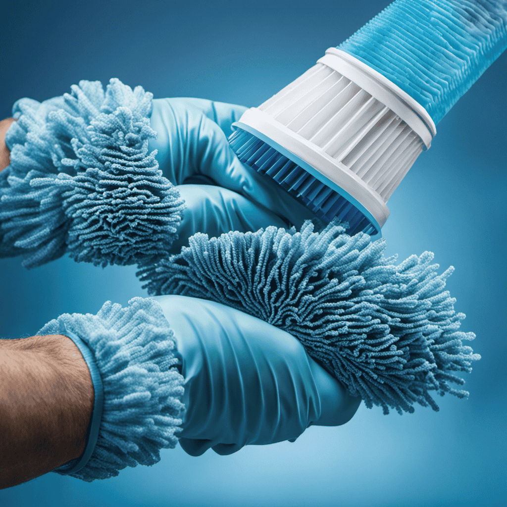 An image showcasing a pair of gloved hands delicately removing the dusty, blue air purifier filter