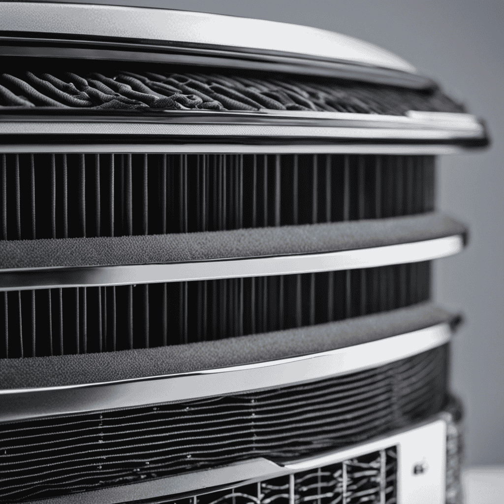 An image showcasing a close-up view of an air purifier's filter being carefully removed from its compartment