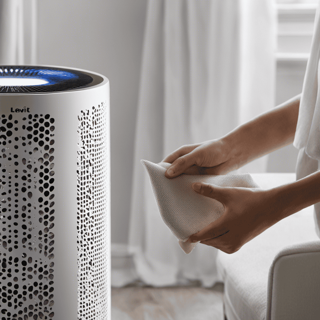 An image showcasing a pair of hands holding a damp cloth, gently wiping the sleek surface of a Levoit Air Purifier
