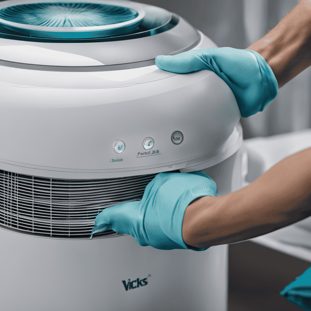 An image showcasing a close-up shot of a pair of gloved hands meticulously wiping the exterior of a Vicks Air Purifier with a damp cloth, highlighting the process of cleaning and maintaining the appliance