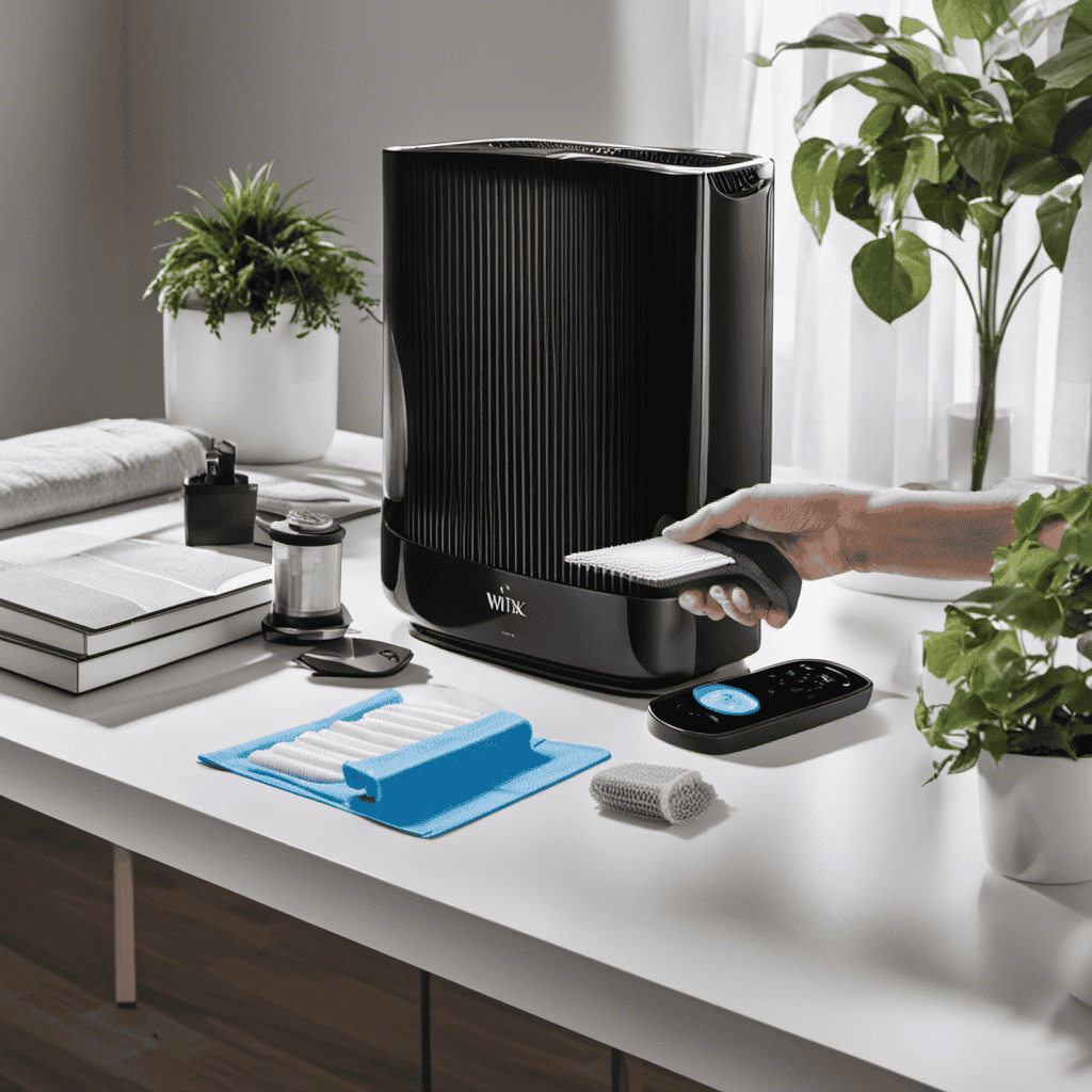 An image showcasing a pair of gloved hands carefully removing the Winix air purifier filter, surrounded by a clean and organized workspace with labeled cleaning tools and a step-by-step guide nearby