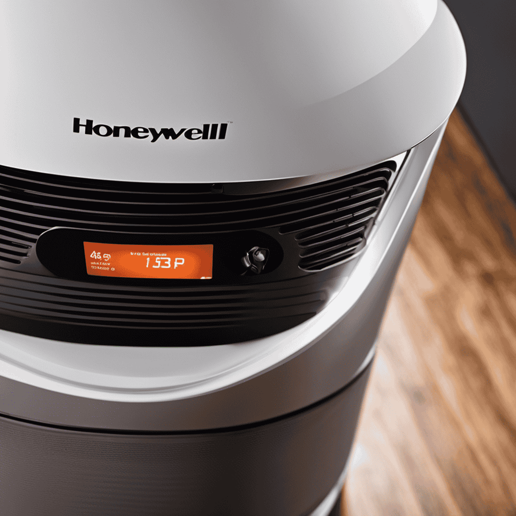 An image showcasing a close-up of a Honeywell air purifier with a glowing indicator light, surrounded by arrows pointing to the check prefilter button and a hand pressing it to clear the light