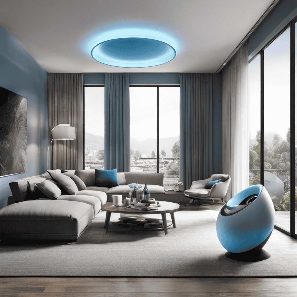 An image showcasing a sleek, modern living room with a large Cleoreck Air Purifier seamlessly blending into the decor