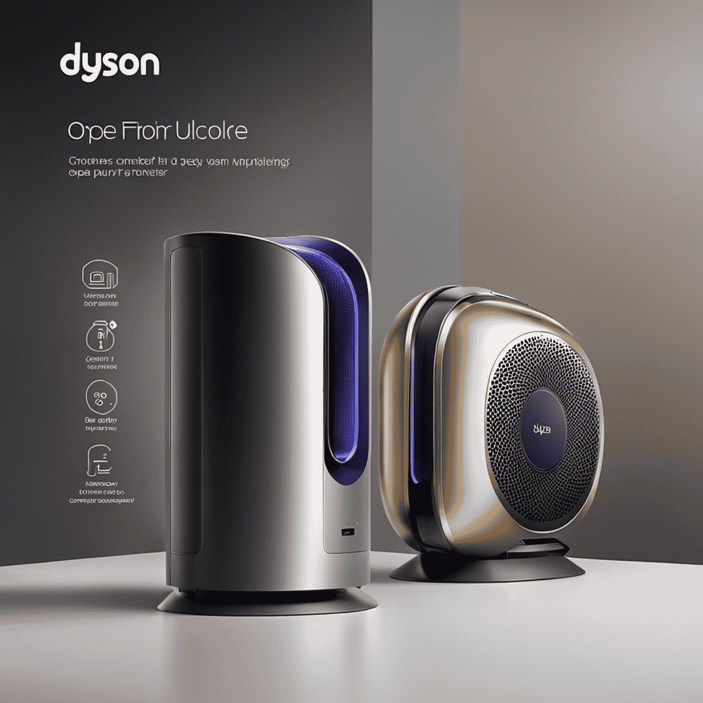 A visually engaging image showing a smartphone with the Dyson app open, displaying the Air Purifier's icon