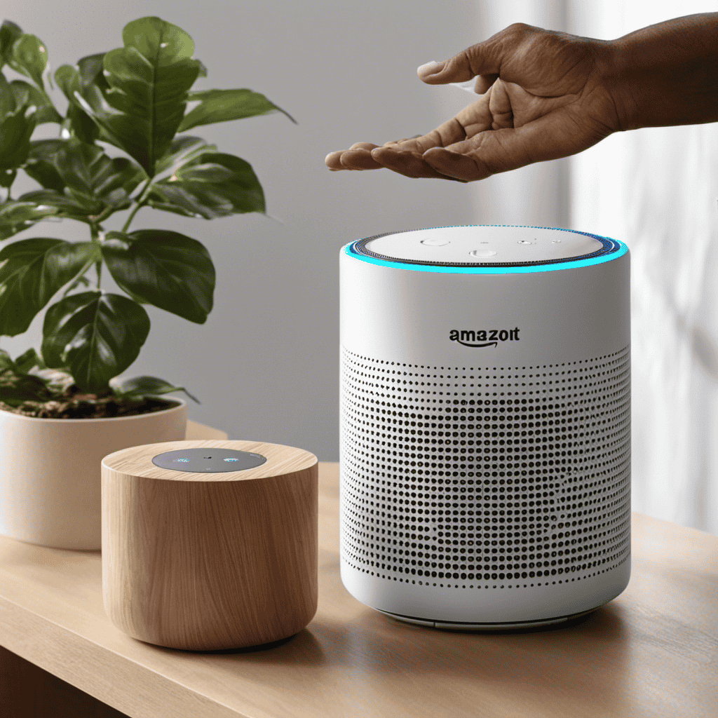 An image displaying a person holding a Levoit Air Purifier and an Amazon Echo Dot, with an arrow indicating their connection