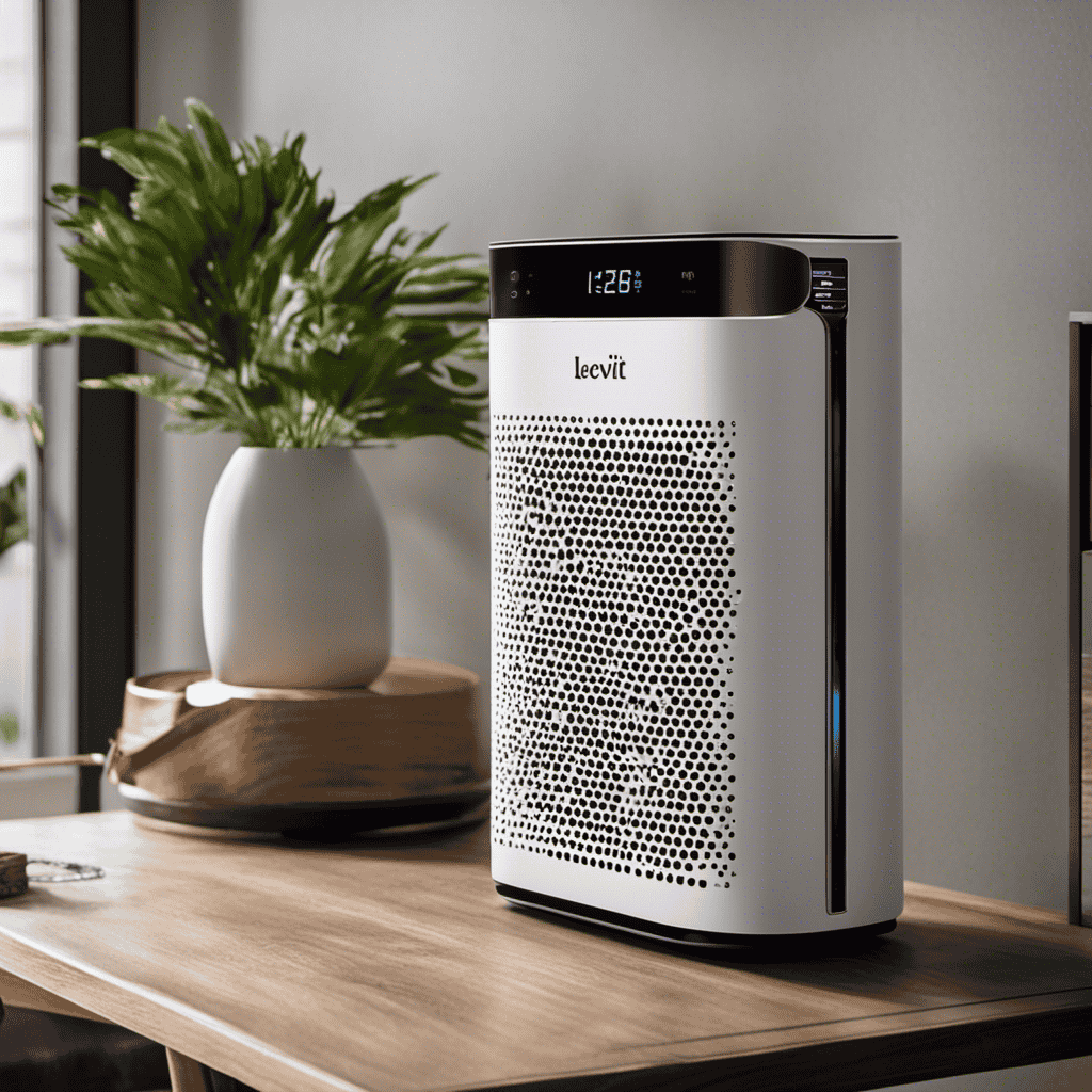 An image that showcases a smartphone with the Levoit app interface displayed, while an air purifier is being connected to it via a wireless connection