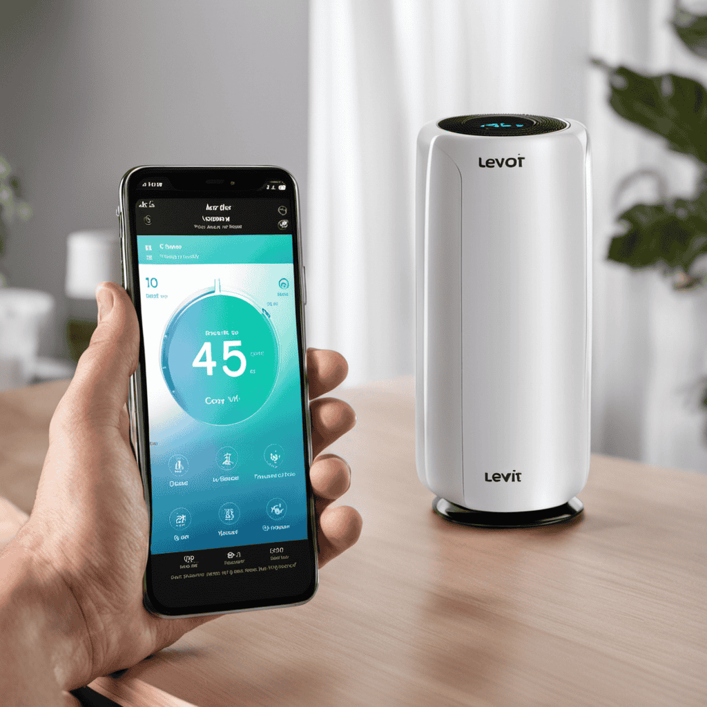 An image of a hand holding a smartphone with the Levoit Air Purifier app on the screen