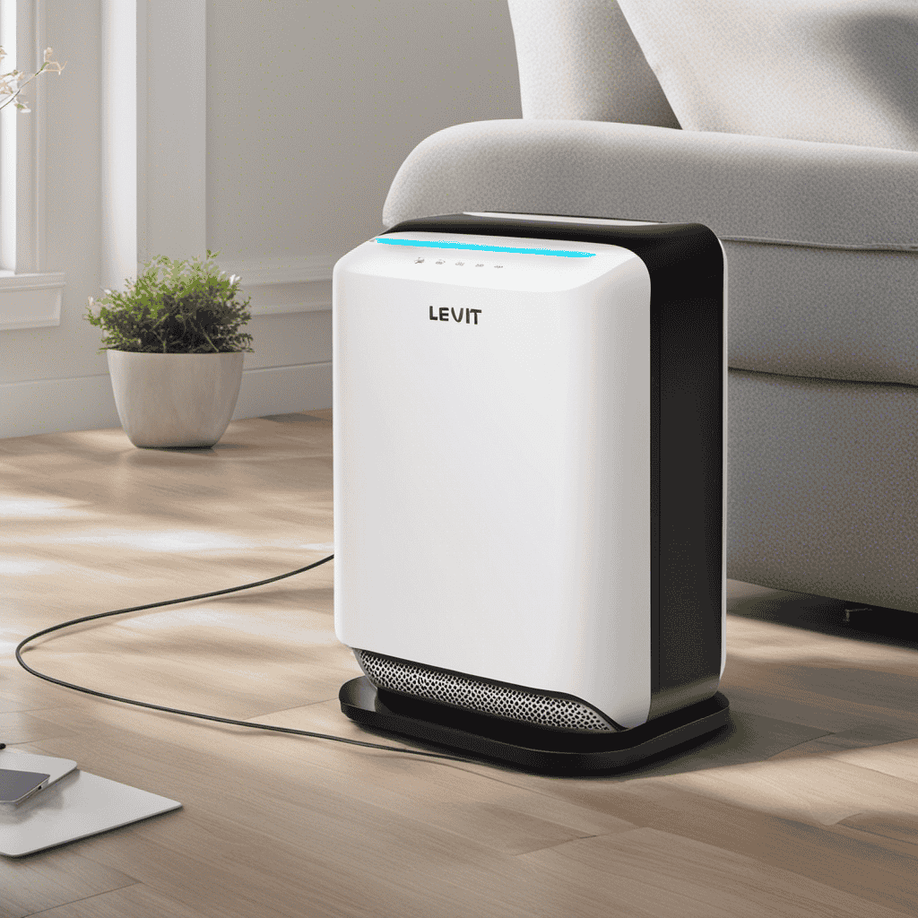 An image showcasing a step-by-step guide on connecting a Levoit Air Purifier: hands plugging the power cord into an electrical outlet, followed by the purifier's control panel being turned on and connected to Wi-Fi