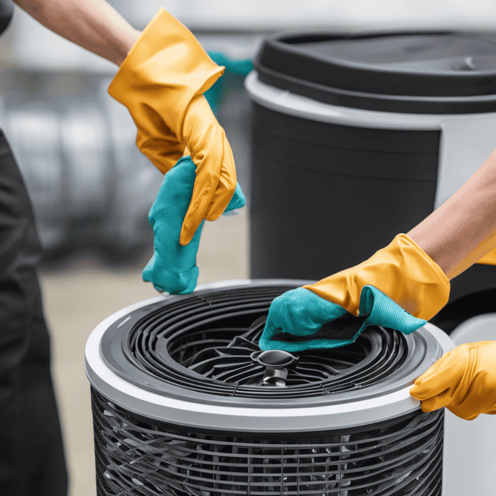 An image showcasing the step-by-step process of safely disposing of an air purifier filter: a person wearing gloves removes the filter, places it in a sealed bag, and then deposits it in a designated waste bin