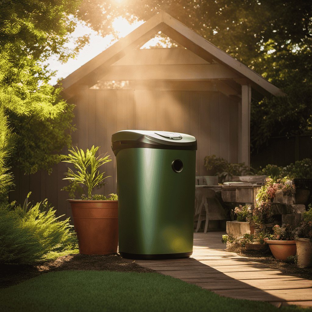 An image of a serene Lafayette backyard with a recycling bin placed next to a disassembled air purifier