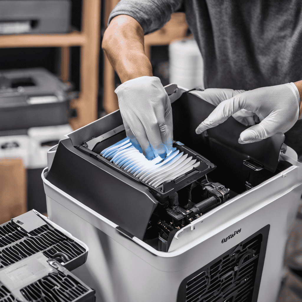 An image showcasing a person removing the filter from an air purifier, placing it in a recycling bin, while another person disassembles the purifier itself and separates the plastic parts from the electronic components for proper disposal