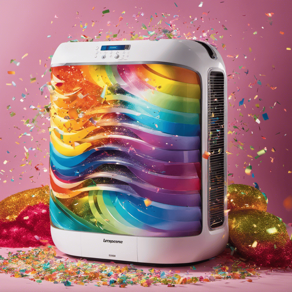 An image showcasing a person joyfully unboxing a brand new Rainbow Air Purifier, surrounded by vibrant colors and sparkling confetti, while a beaming rainbow arcs overhead, symbolizing the free and effortless acquisition of this coveted device