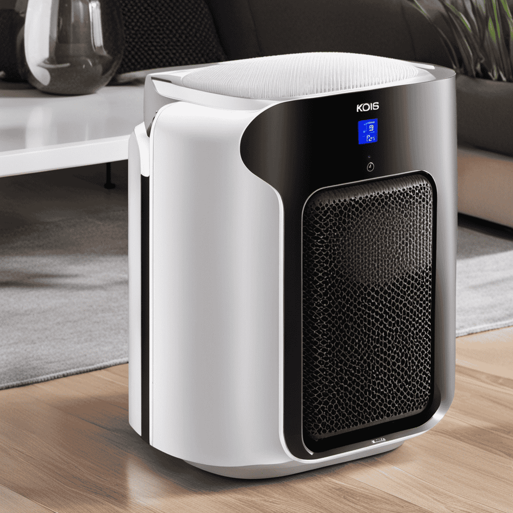An image showcasing a Koios Air Purifier, with a close-up shot of the filter compartment