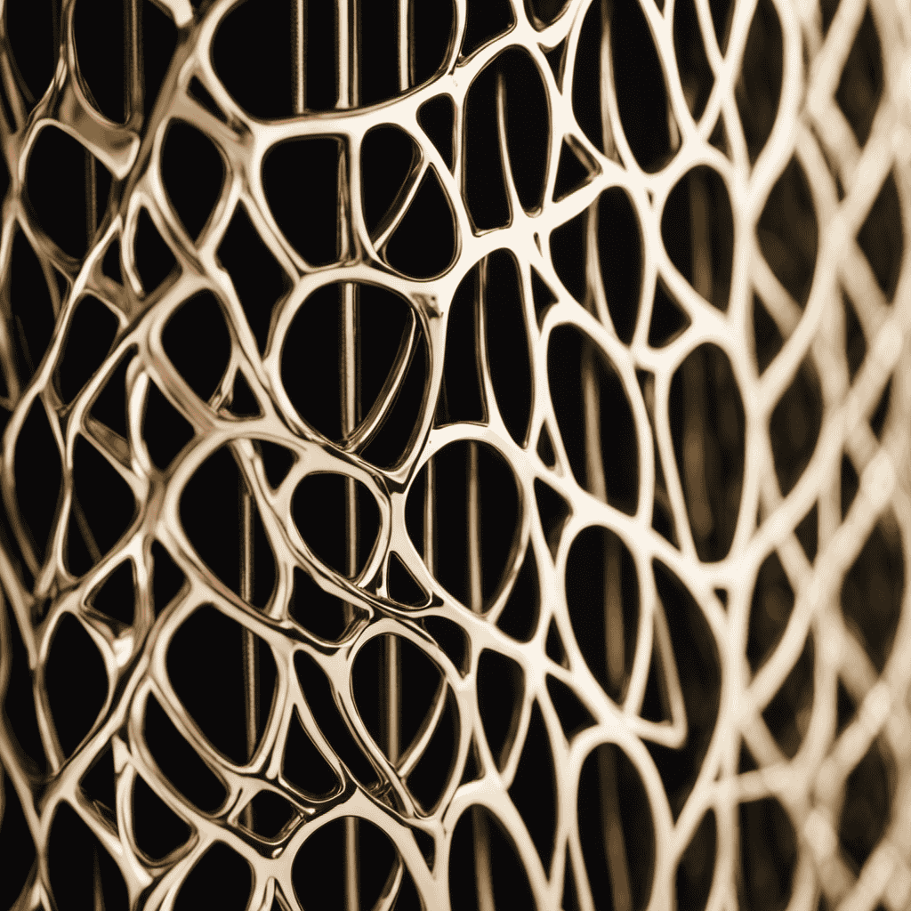 An image showcasing a close-up view of a Holmes Air Purifier's metal grating, capturing its intricate pattern of precisely aligned, finely crafted metallic bars, allowing air to flow effortlessly through