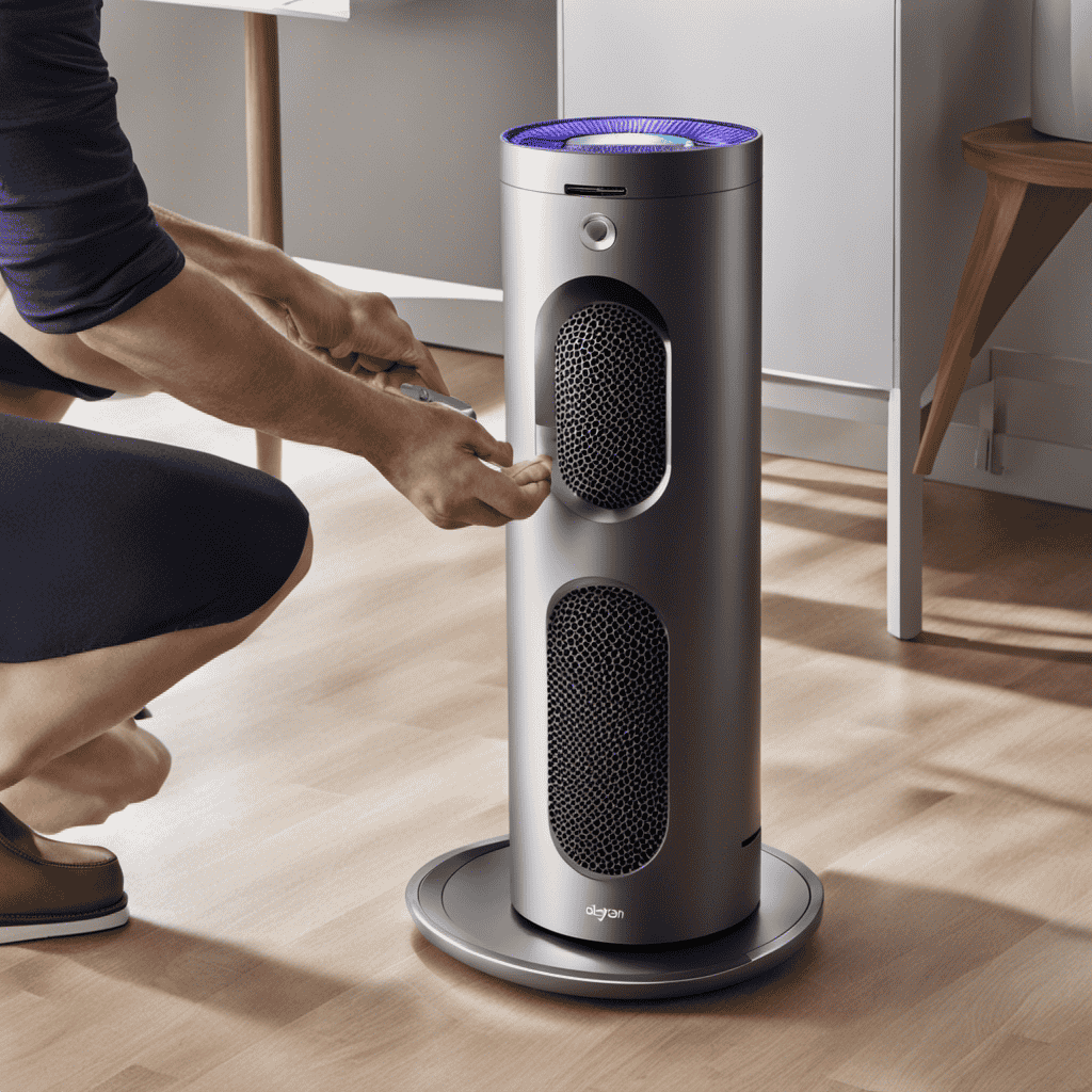 An image of a person holding a Dyson Air Purifier, examining the filter compartment closely