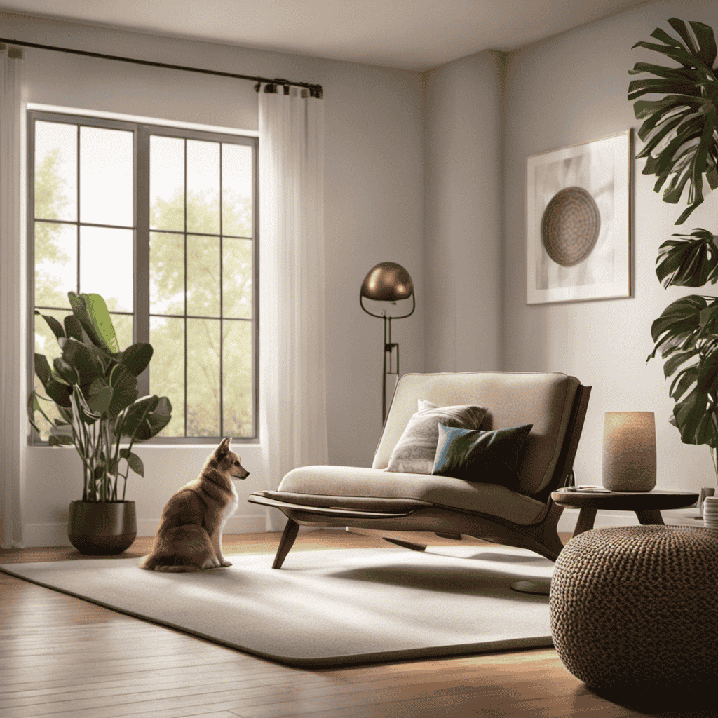 An image showcasing a cozy living room with a furry friend lounging comfortably
