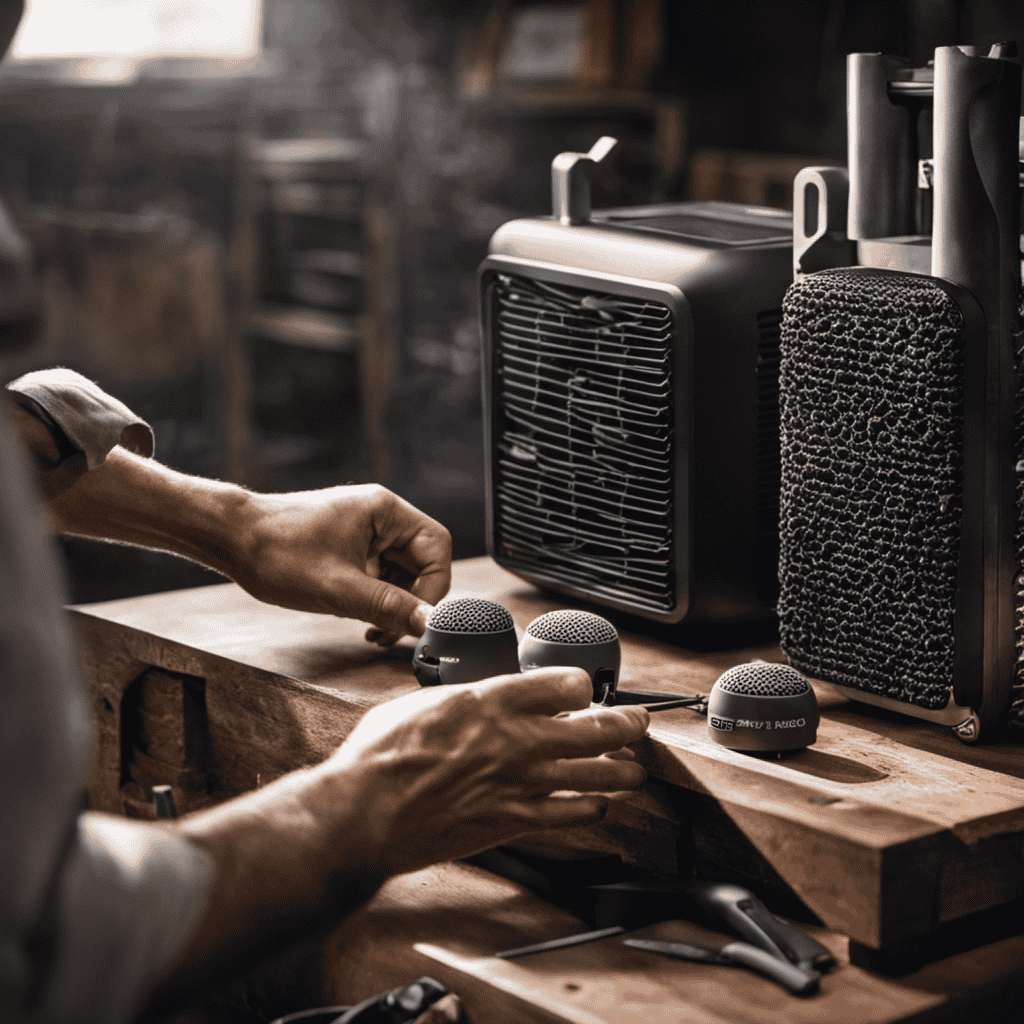 An image showcasing a close-up of a pair of hands delicately dismantling a Rock Air Purifier, with various tools and parts neatly arranged on a workbench in the background