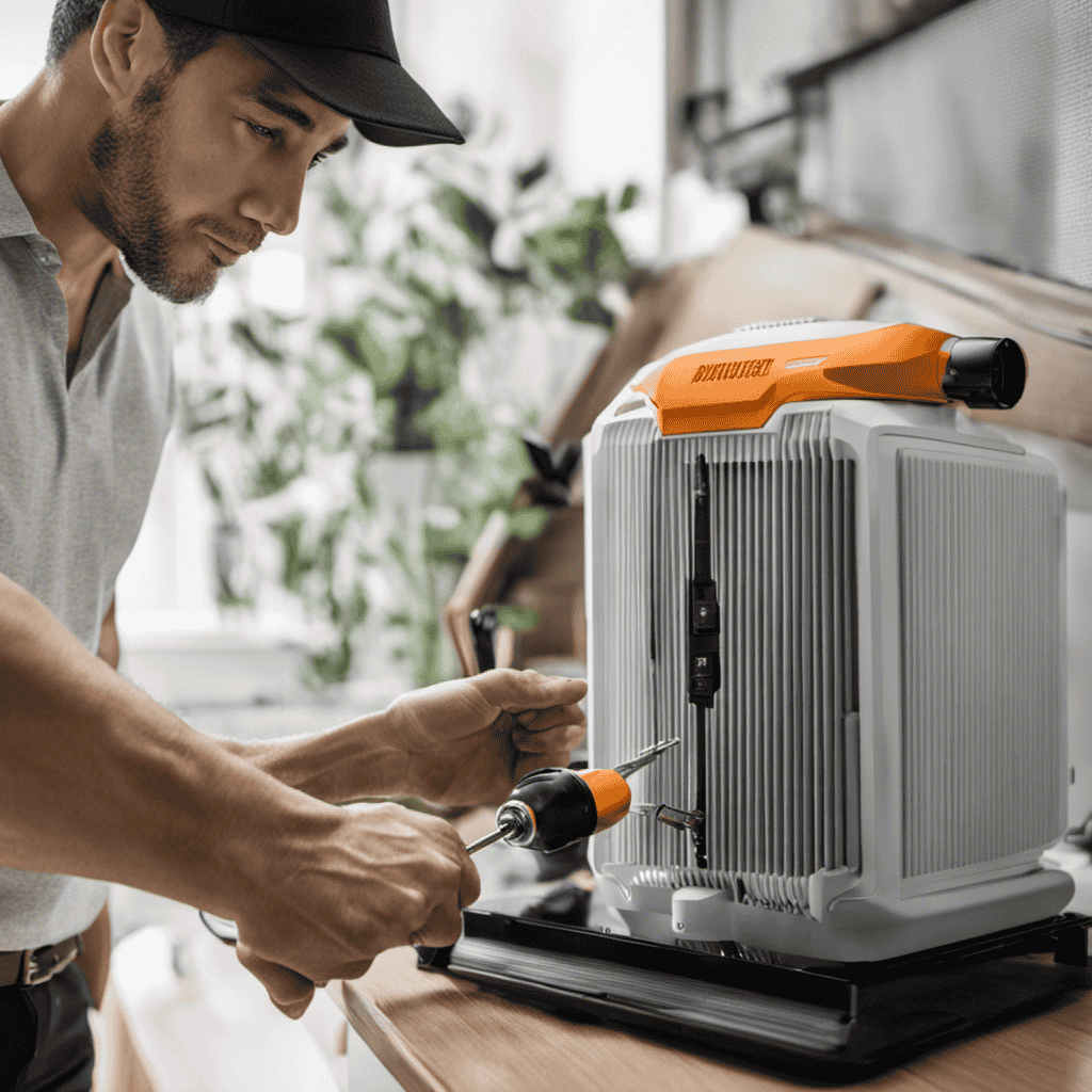 An image showcasing a person holding a screwdriver while disassembling an air purifier