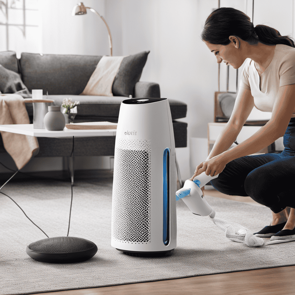 An image showcasing a person carefully cleaning the Levoit Air Purifier's filter using a soft cloth, while another person gently vacuuming the outer body to remove dust and debris