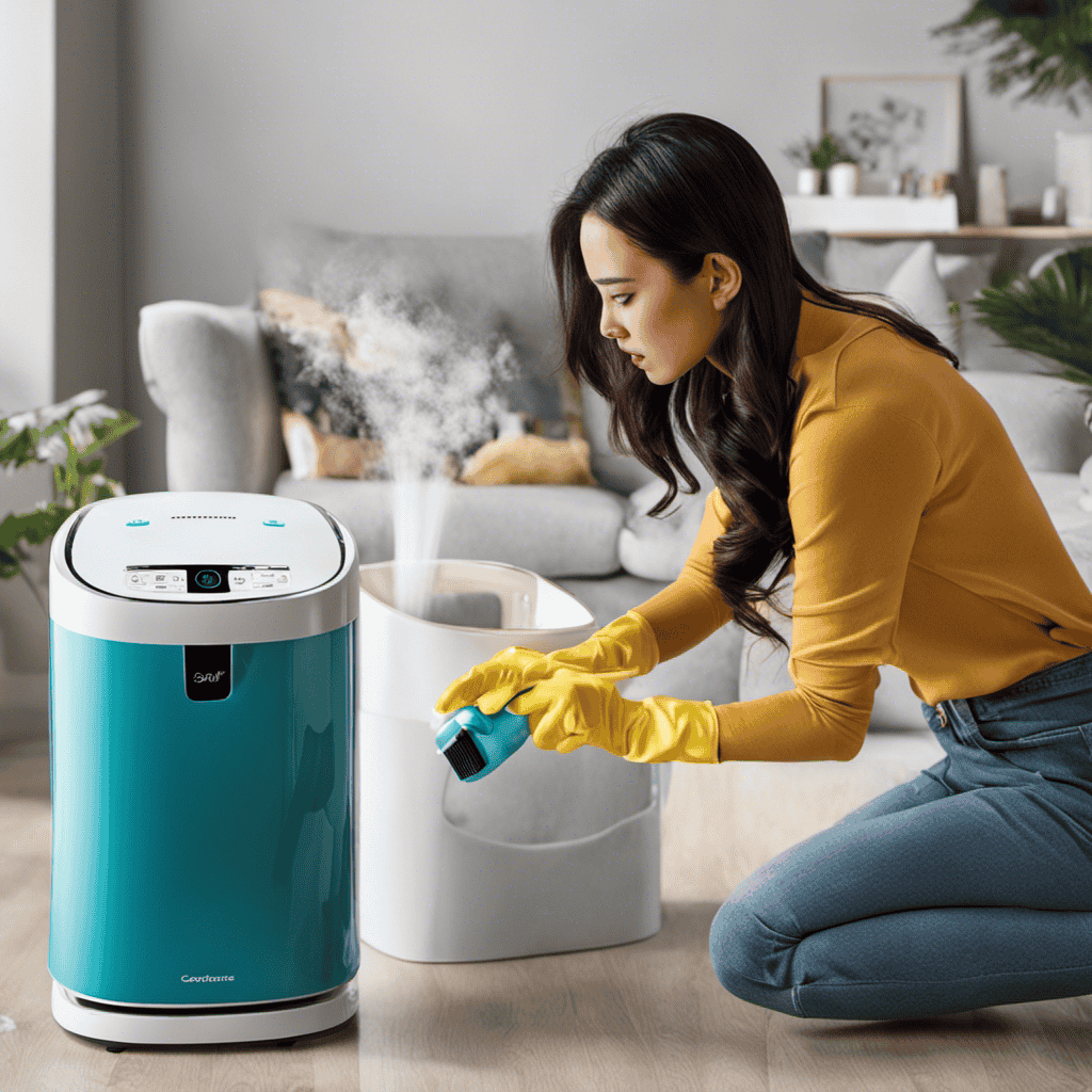 An image showcasing a person using gloves to remove the filter from an air purifier, while another person sprays a refreshing solution onto it, surrounded by a cloud of fresh scent