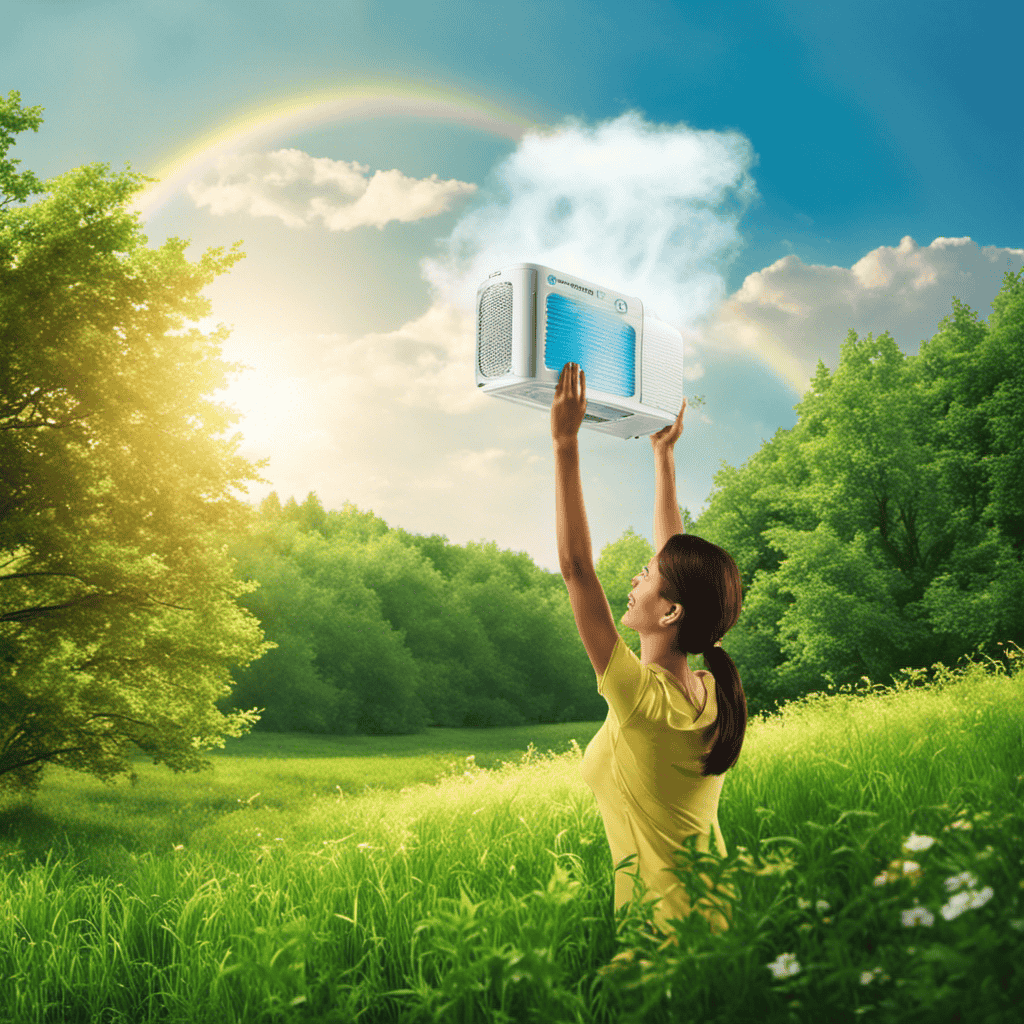 An image of a person holding up a coupon for a free air purifier, with a vibrant background showcasing a clear blue sky, fresh green trees, and clean air, symbolizing the benefits of obtaining a free air purifier