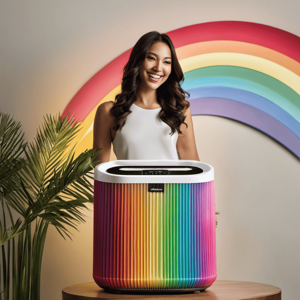 An image showcasing a smiling person holding a brand-new Rainbow Air Purifier, surrounded by vibrant colors