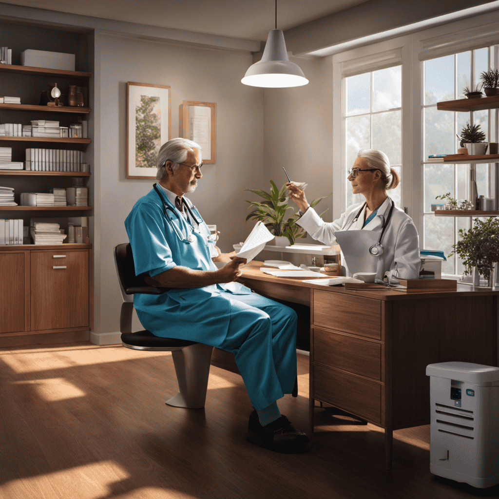 An image showcasing a doctor's office, with a patient sitting across from a doctor