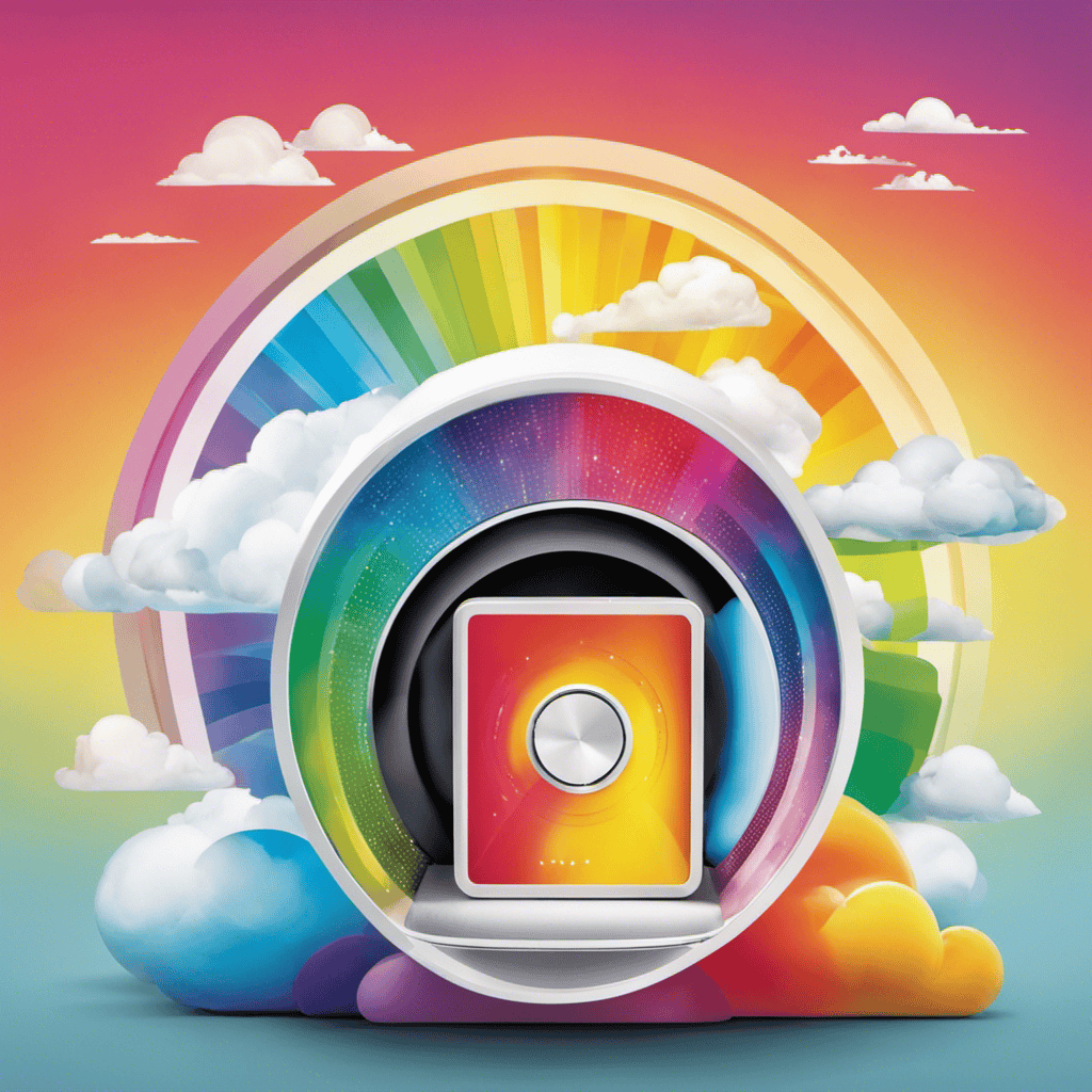 An image depicting a person holding a Health Insurance card, facing a vibrant rainbow emerging from a sleek, modern air purifier