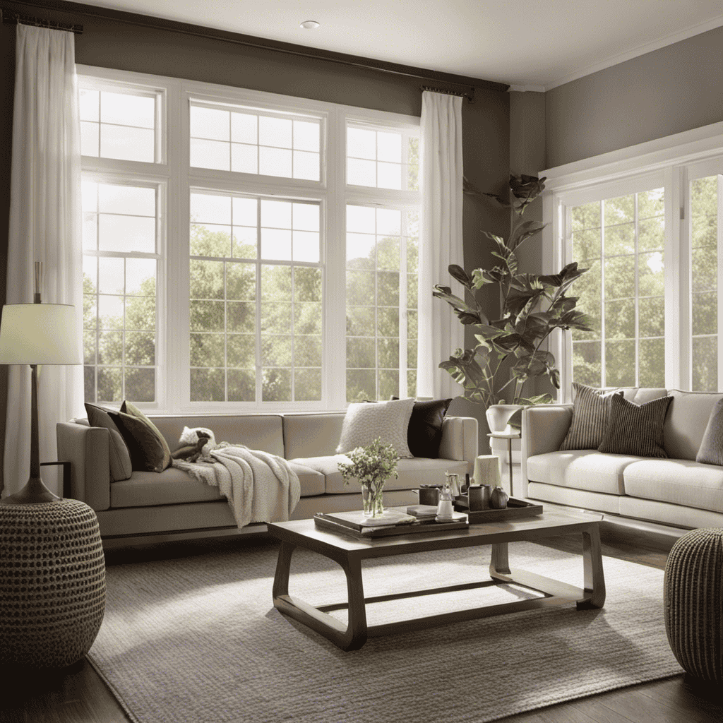 An image showcasing a serene living room with an air purifier placed strategically near an open window