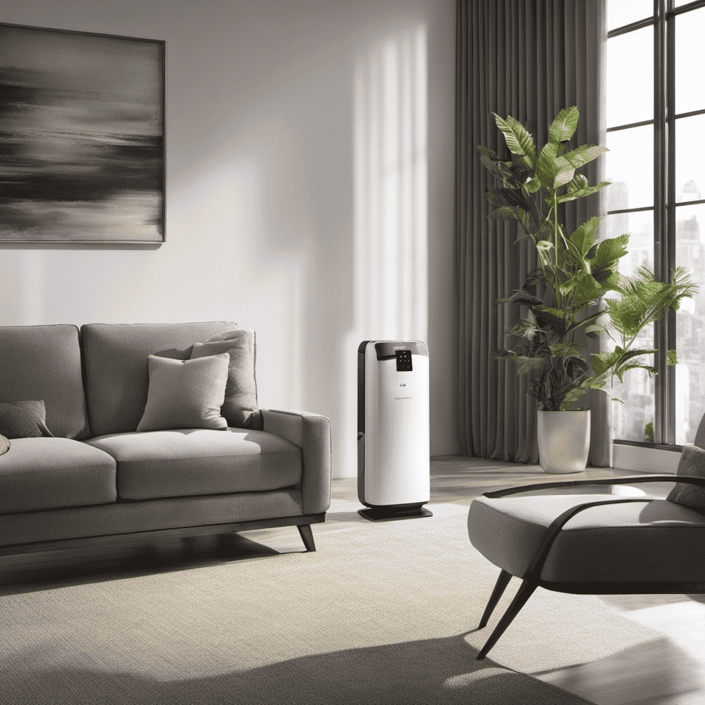 An image of a spacious, sunlit room with a strategically placed air purifier surrounded by fresh, clean air