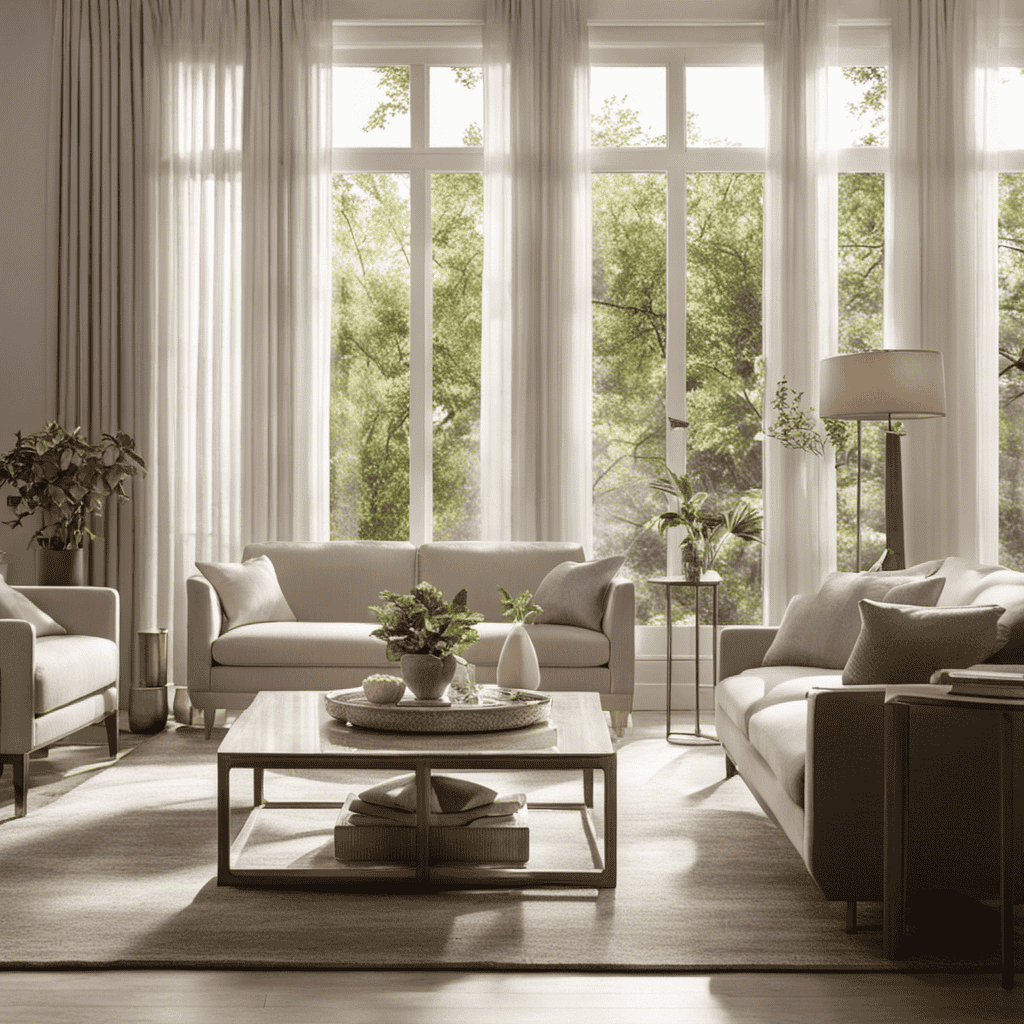 An image showcasing a serene living room with an air purifier placed strategically near an open window