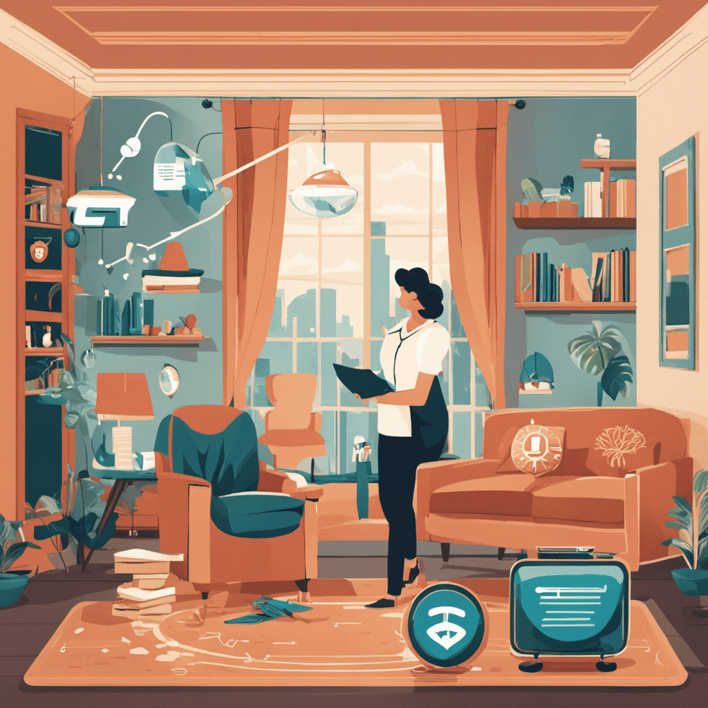 An image featuring a person holding an air purifier in a living room, surrounded by symbols of insurance (e