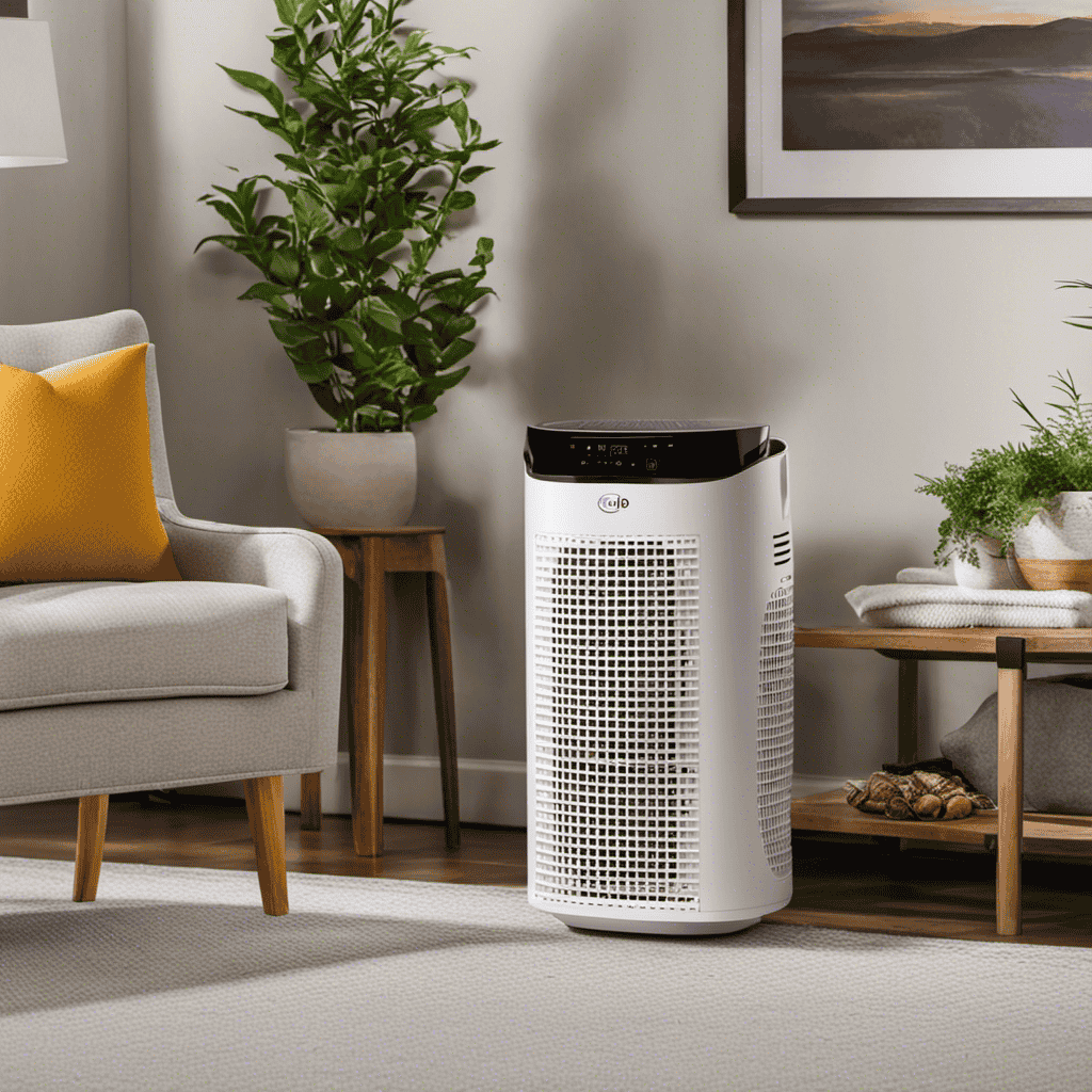 An image featuring a person pressing and firmly holding the power button on the Best Choice Products Sky1057 Ionic Air Purifier, with a well-lit room in the background, displaying a clean and fresh atmosphere