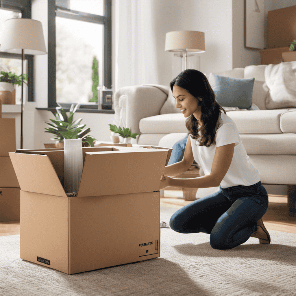 An image depicting a person unplugging an air purifier, gently removing it from a room, and placing it inside a cardboard box labeled "Donations