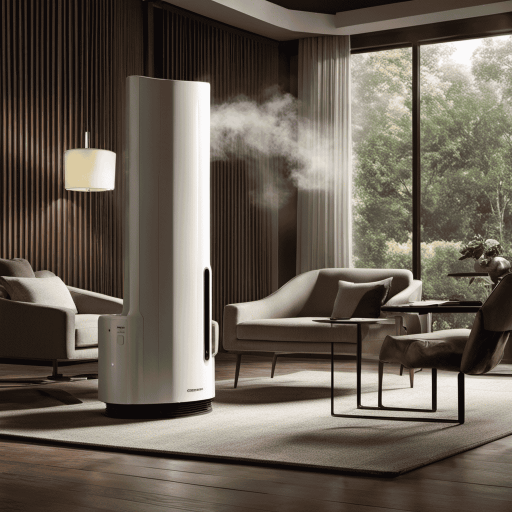 An image showcasing an air purifier in a living room, capturing the transformation from a smoke-filled environment to a fresh, clean space