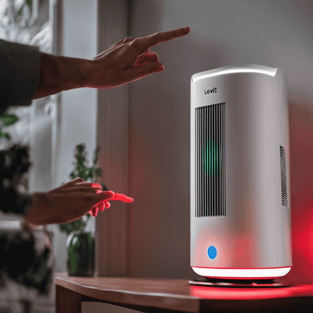 An image featuring a Levoit air purifier with a red light illuminated
