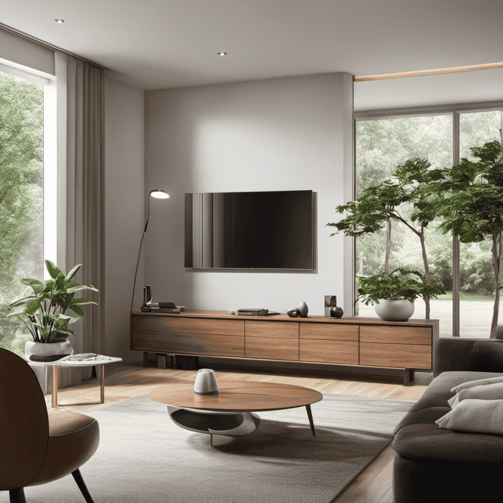 An image depicting a modern living room with an air purifier placed strategically near a wooden bookshelf