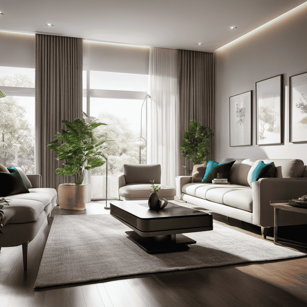 A vibrant image showcasing a well-lit living room with a strategically placed air purifier, surrounded by clean, fresh air