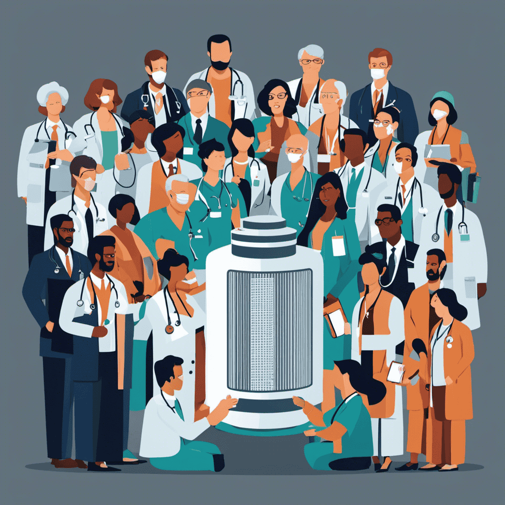 An image depicting a person holding an air purifier, surrounded by a diverse group of doctors and health professionals, symbolizing a successful negotiation with a health fund for coverage