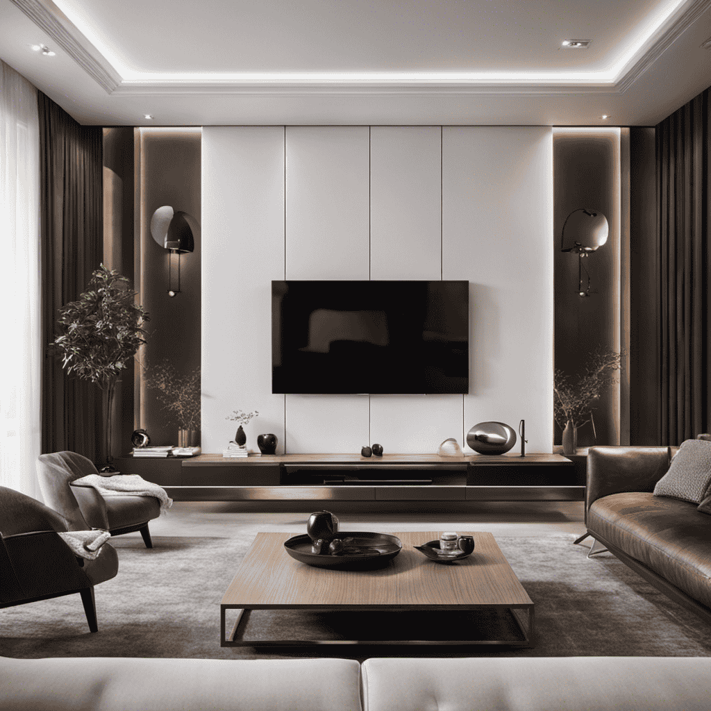 An image showcasing a modern living room with elegant décor, cleverly concealing a large air purifier