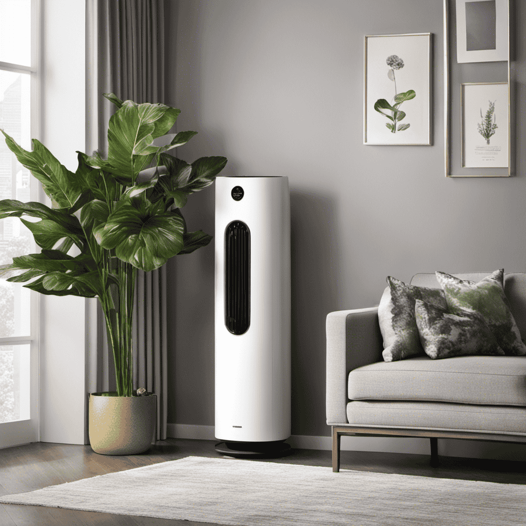 An image showcasing a stylish living room with a strategically placed large air purifier subtly concealed behind a tall potted plant, providing an unobtrusive yet effective solution for cleaner air