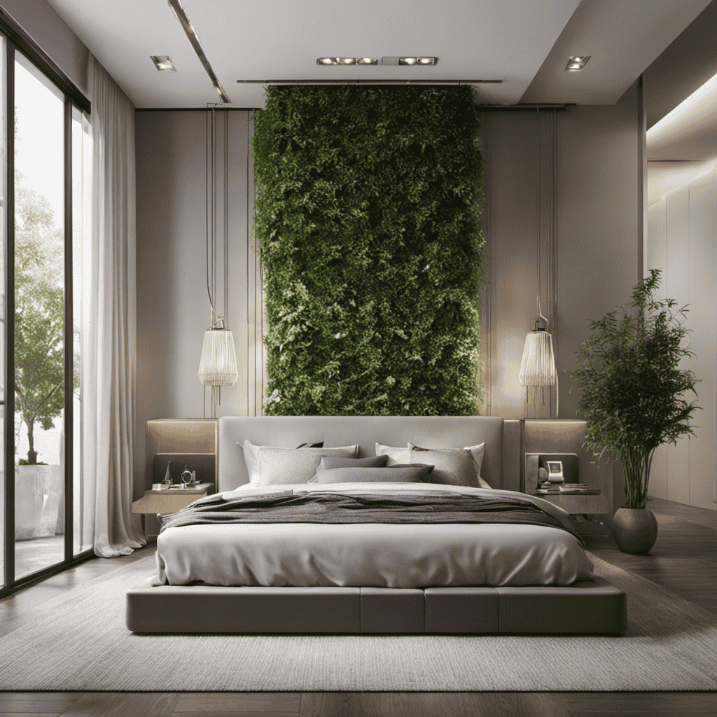 An image depicting a stylish bedroom with a strategically placed air purifier concealed behind a chic floor-to-ceiling plant, blending seamlessly into the room's aesthetic while efficiently purifying the air