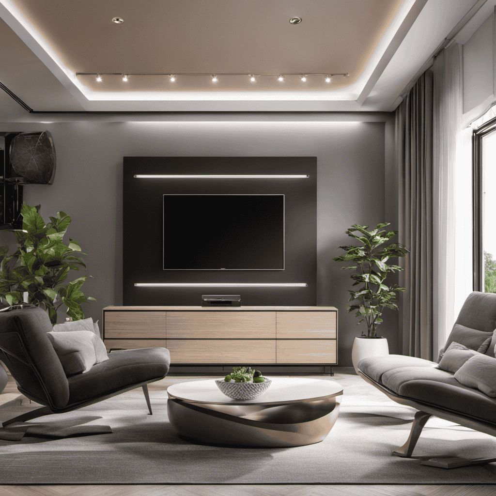 A vivid image showcasing a sleek, modern living room with an air purifier mounted securely on the wall