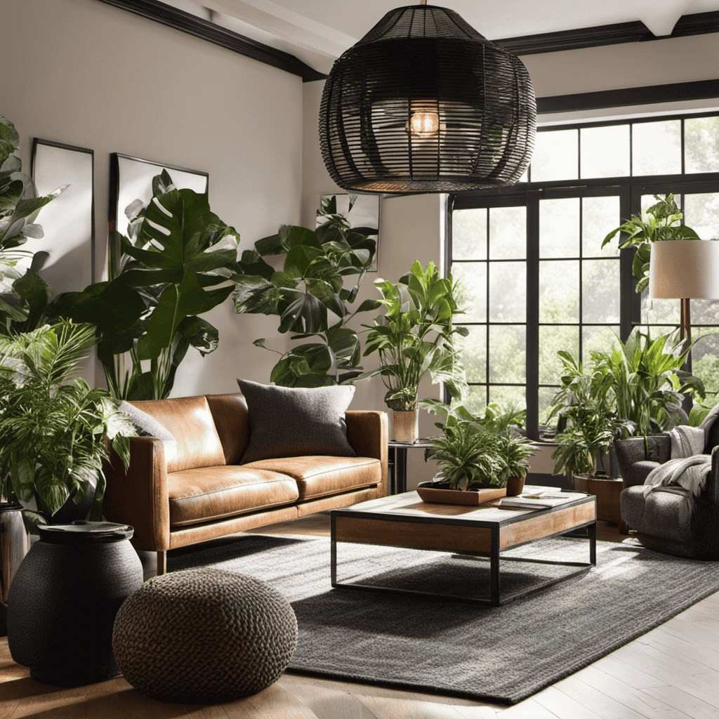 An image of a sunlit living room with open windows, showcasing lush indoor plants, strategically placed charcoal bags, natural fiber rugs, and a DIY air filter made from a box fan and a HEPA filter
