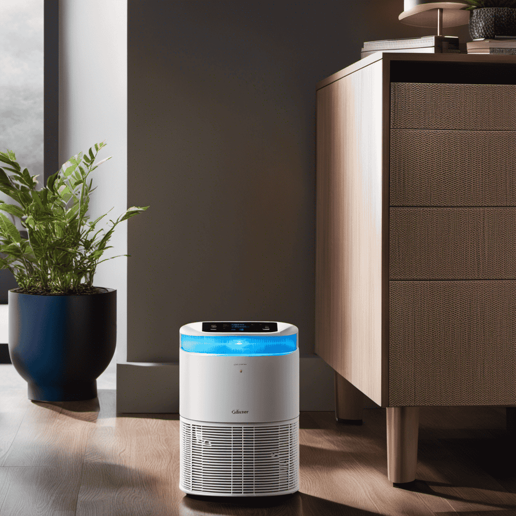 An image showcasing an air purifier with a sleek, modern design