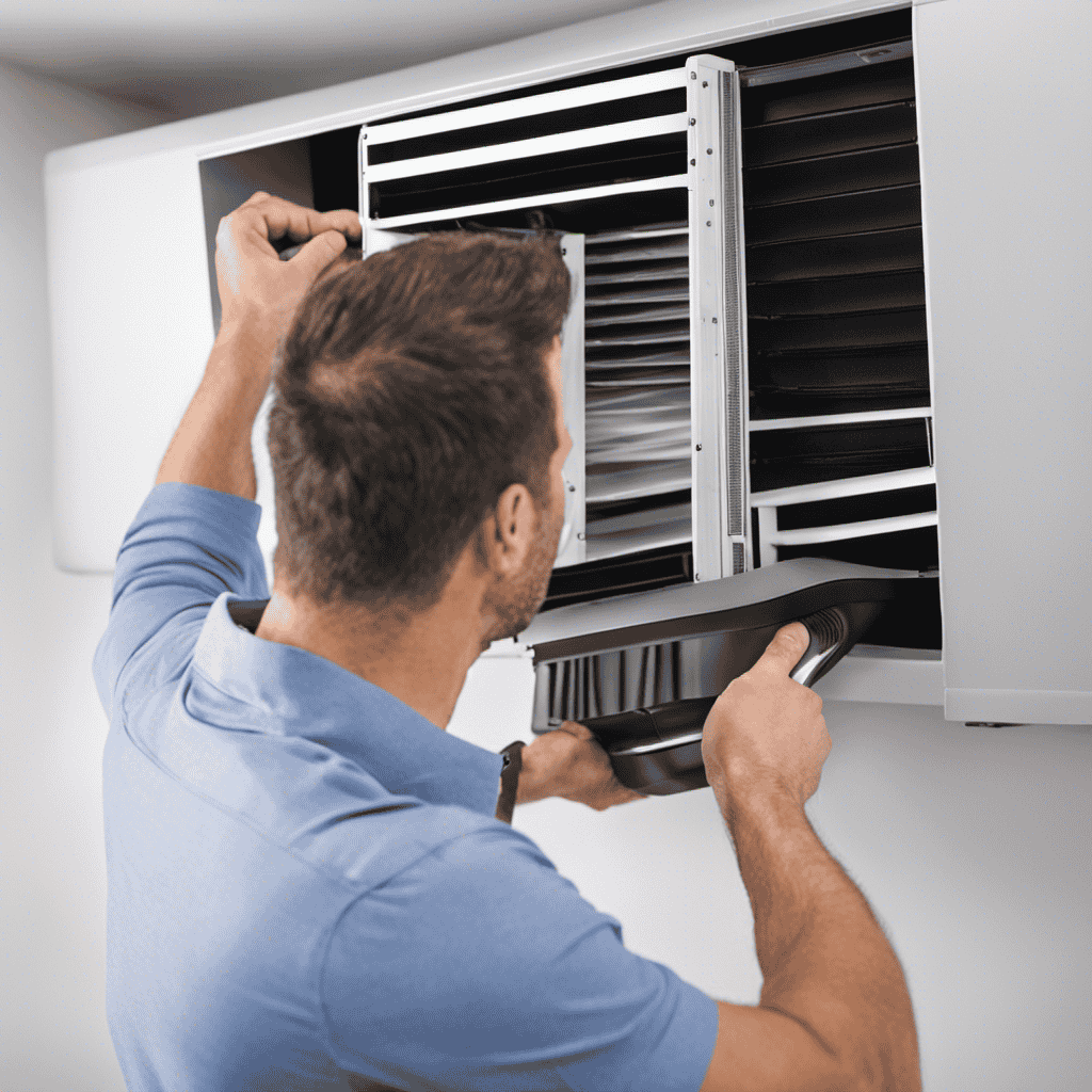 An image showcasing a step-by-step guide on installing a whole house air purifier: a person removing the HVAC unit cover, attaching the air purifier to the air handler, and connecting the ductwork