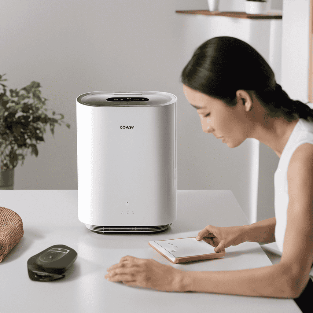 An image showing hands unboxing a Coway Air Purifier, revealing each component in clear detail, while demonstrating step-by-step installation on a clean tabletop with accompanying tools
