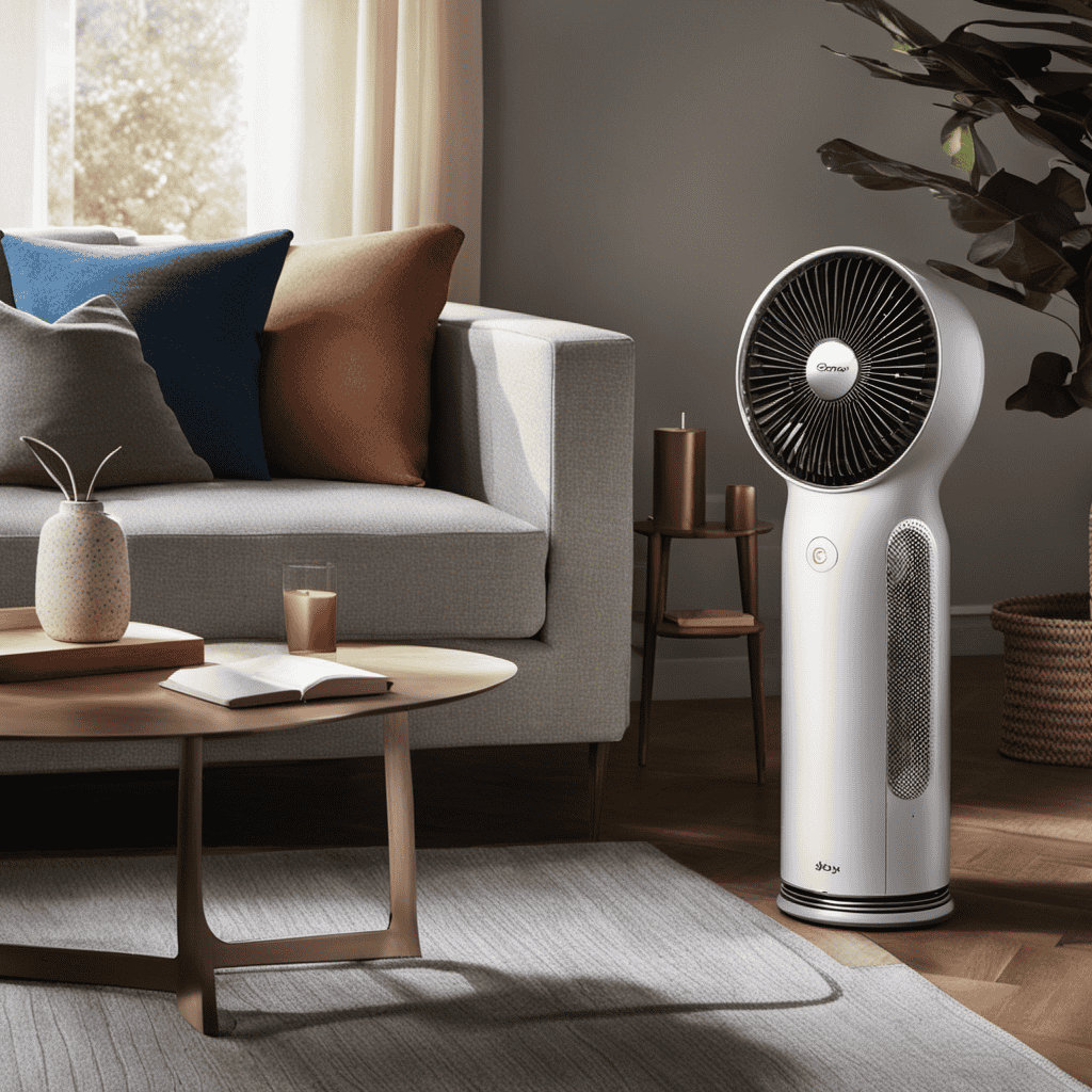 An image showcasing a cozy living room with a Dyson Pure Hot + Cool Fan Heater Air Purifier sitting on a side table