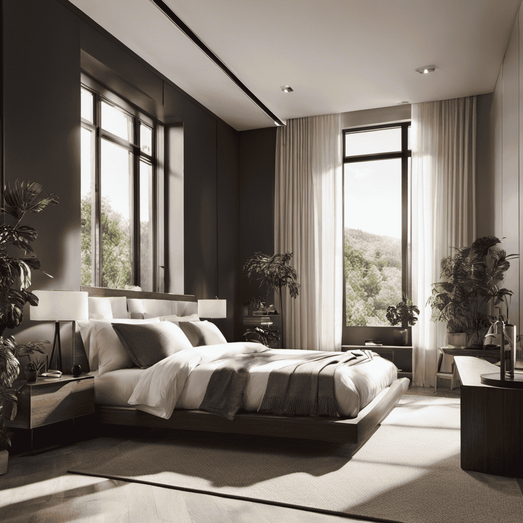 An image showing a neatly arranged bedroom with a sleek air purifier strategically placed near a window